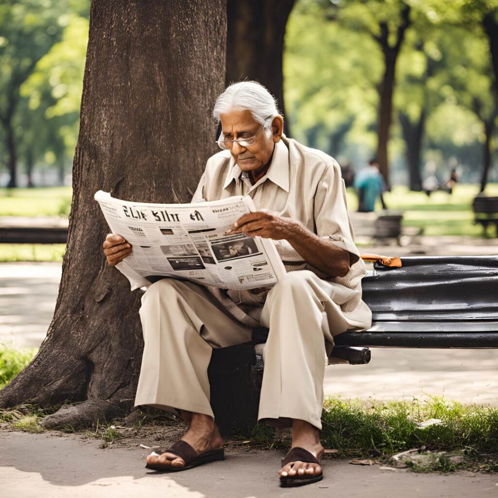 Elder indian sitting in a park and reading newspaper